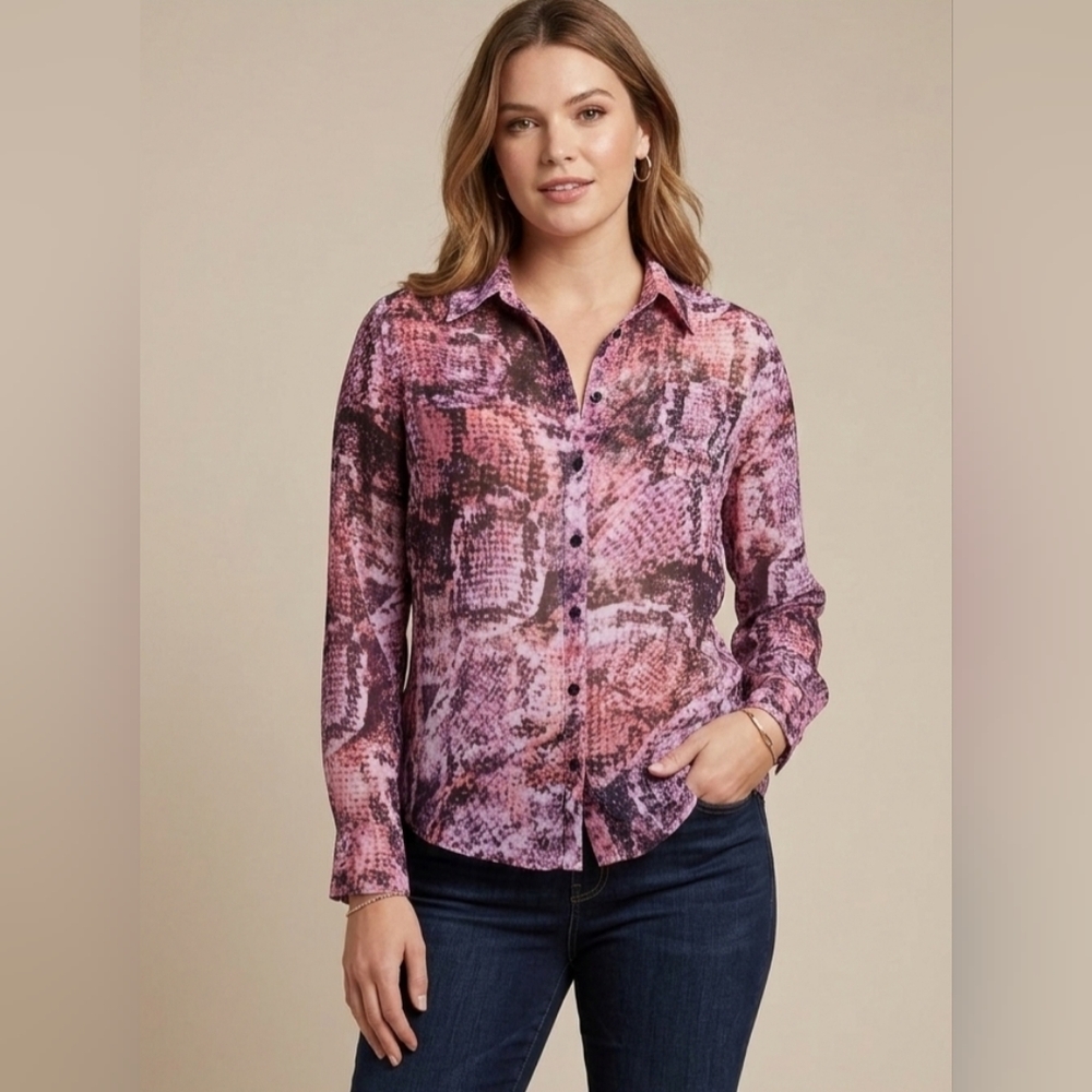 5 For $25✨️Guess Womens Small Snake Print Pint Button Up Longsleeved Collard Top